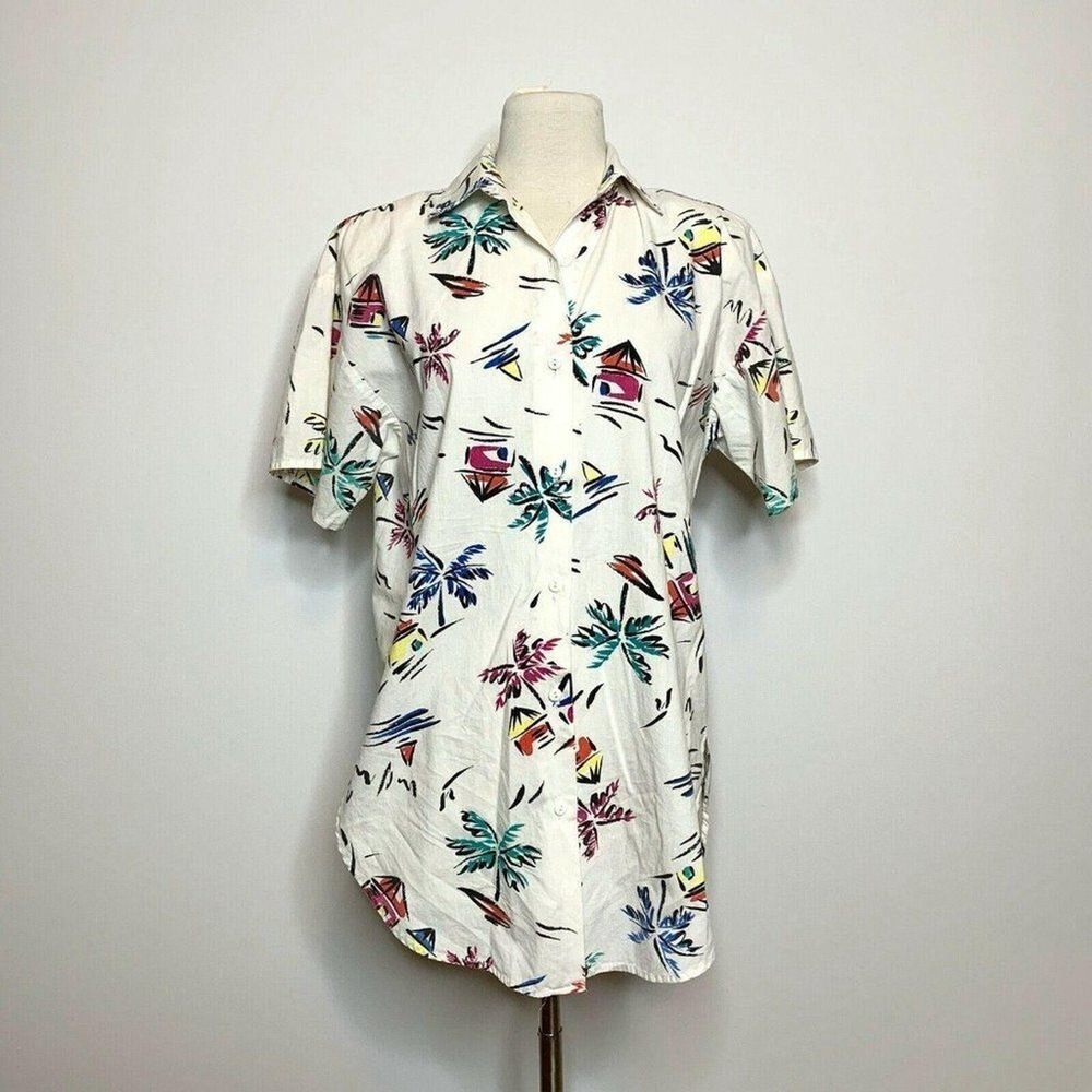 VTG Button Front Top White Beach Print Palm Tree Boats Collar Short Sleeve Small